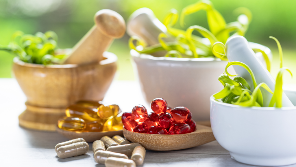 Alternative medicine natural herbal organic capsule, drug with herbs leaf natural supplements for healthy good life