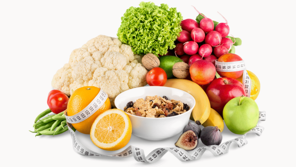 Assorted fresh fruits, vegetables, and a bowl of cereal with measuring tape symbolising healthy eating and weight management.