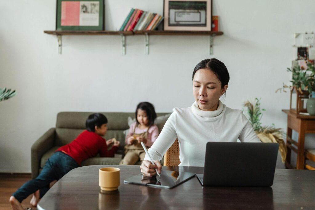Student studying online at home while balancing family and work life