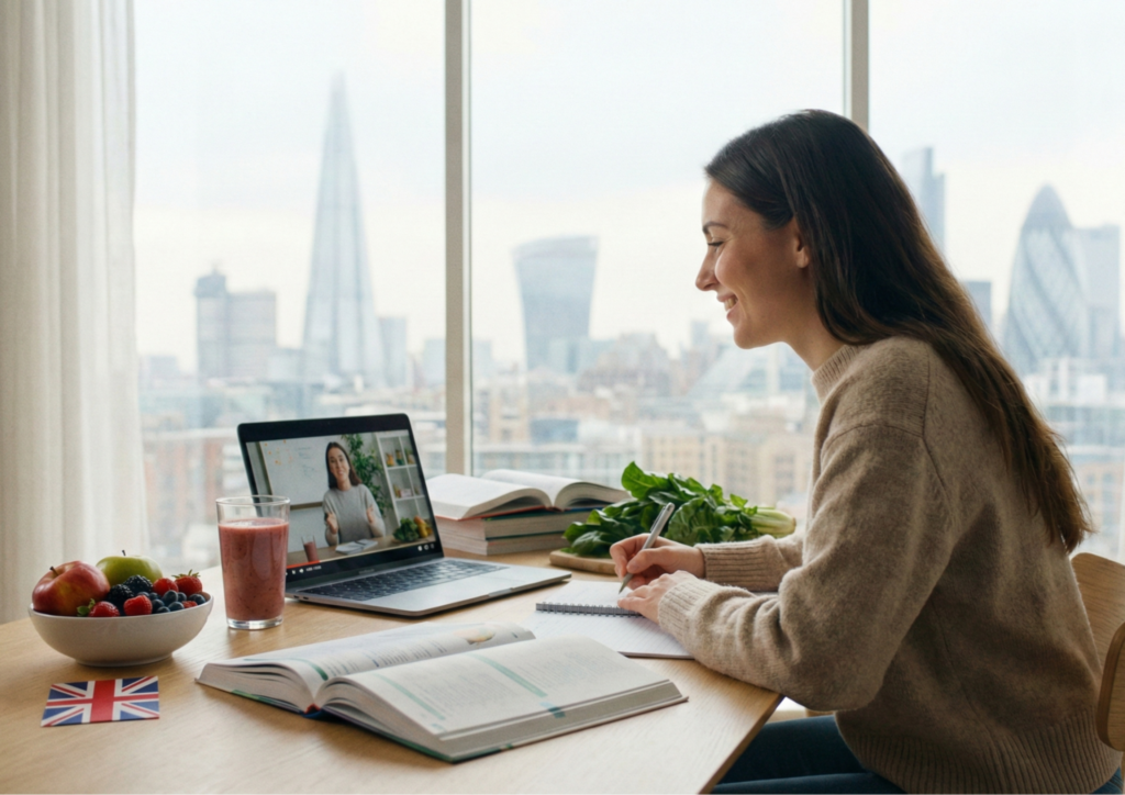 The image shows a smiling woman sitting at a desk in front of a large window overlooking a city skyline. She is participating in an online video call on her laptop, which displays another woman speaking. The smiling woman is holding a pen and writing in a notebook. On the desk, there are several open books, a glass of pink smoothie, and a bowl of fresh fruit (apples, berries). There is also a small flag with the Union Jack pattern on the desk. The cityscape visible through the window features prominent, modern skyscrapers, suggesting a location like London.