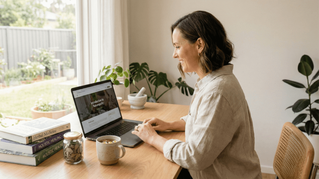 Adult student studying naturopathy online at a bright home workspace with herbal tools and a laptop.